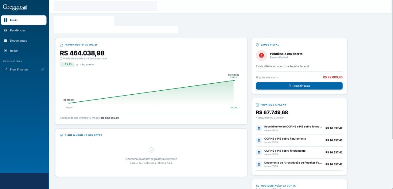 Portal do cliente da Greggio com faturamento e saúde fiscal